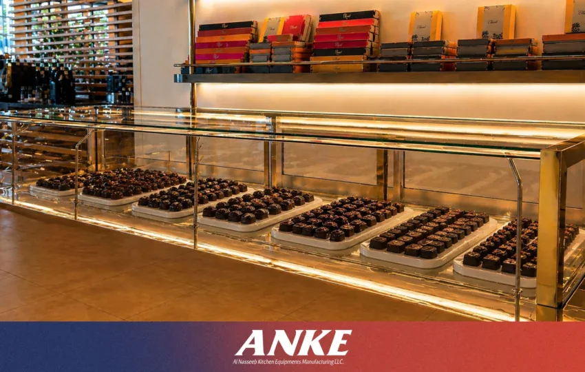 Chocolate display cabinet cost in Dubai with custom glass counter by ANKE International