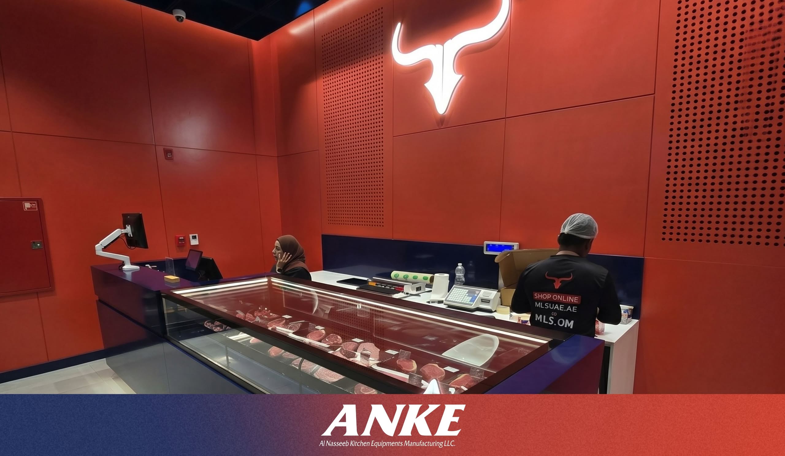 Custom-fabricated ANKE commercial meat display counter in UAE butchery showing matte black finish, argon-filled insulated glass, and per-shelf LED lighting