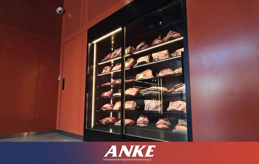 ANKE upright commercial meat display with modular shelving maximizes merchandising capacity for packaged fresh meat in Dubai butcheries.